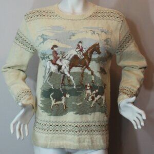 Ralph Lauren Equestrian Fox Hunt Scene Hand Knit Sweater Jumper Beige Medium